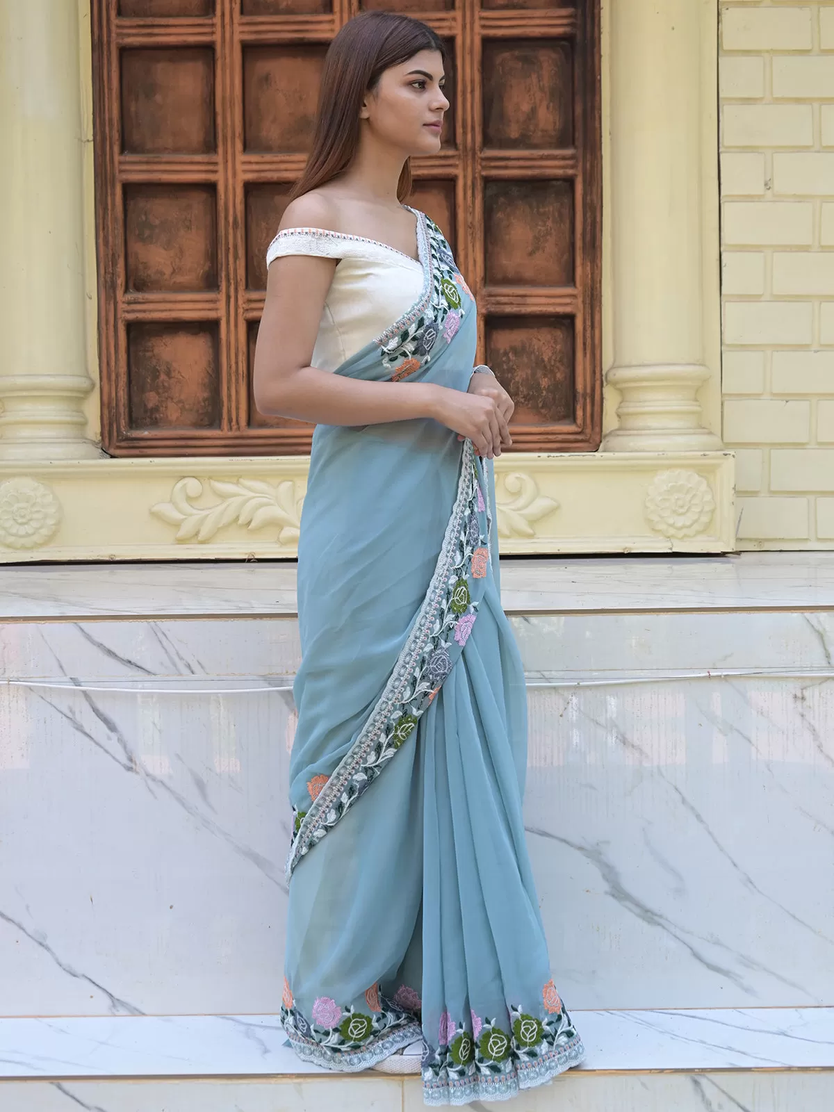 Odette Light Blue Embroidered Georgette Saree with Unstitched Blouse for Women