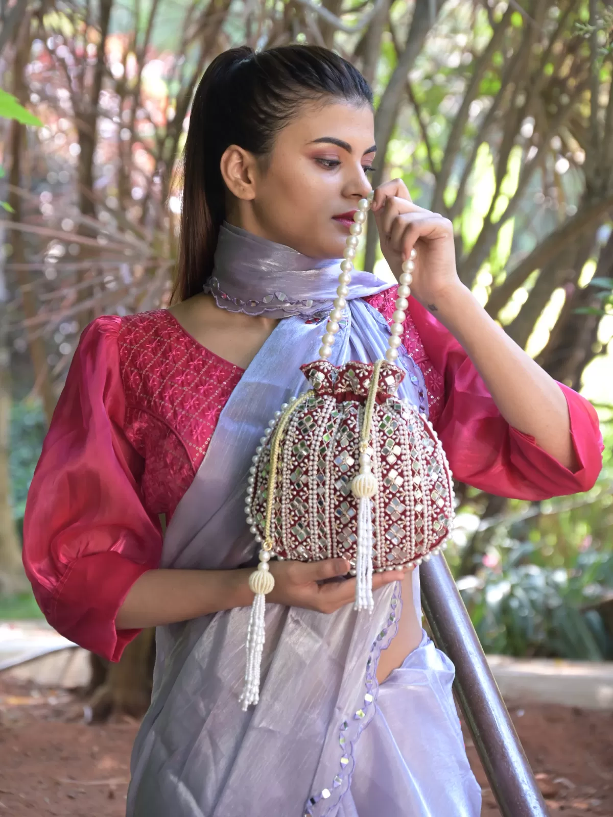 Odette Maroon Embroidered Potli Bag For Women