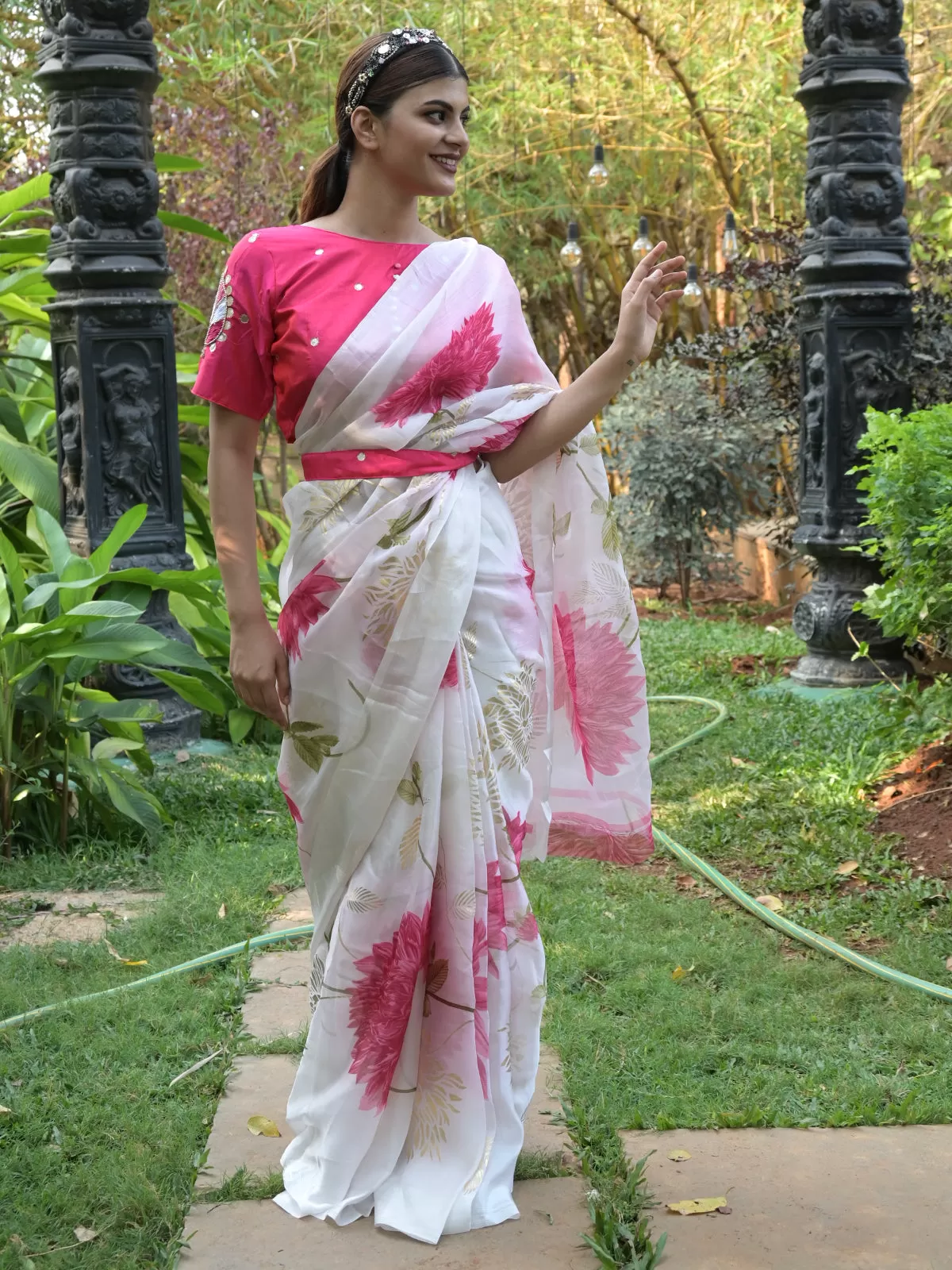 Odette Off White Floral Printed Soft Organza Saree with Unstitched Blouse for Women