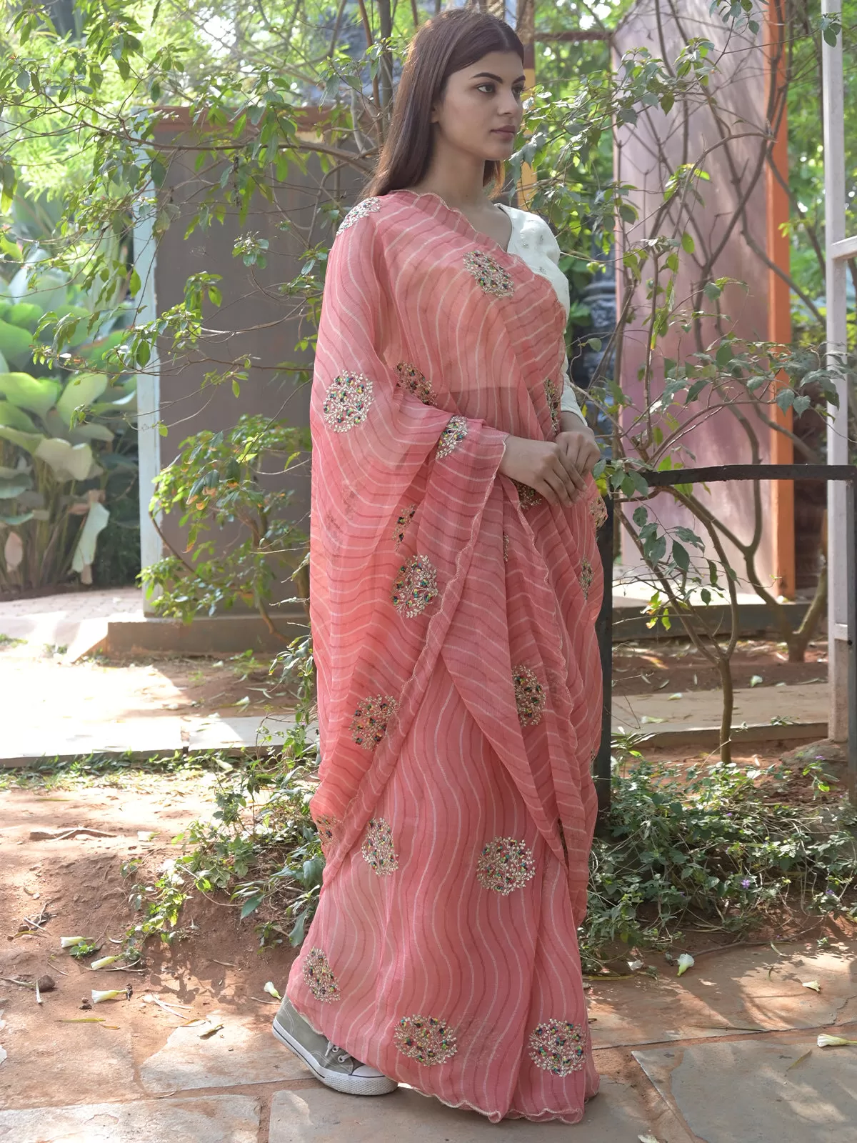 Odette Peach Embroidered Simmar Saree with Unstitched Blouse for Women