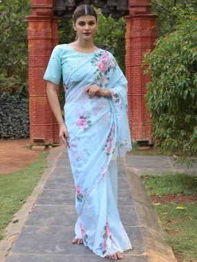 Odette Sea Blue Floral Printed Embroidered Soft Organza Saree with Unstitched Blouse for Women