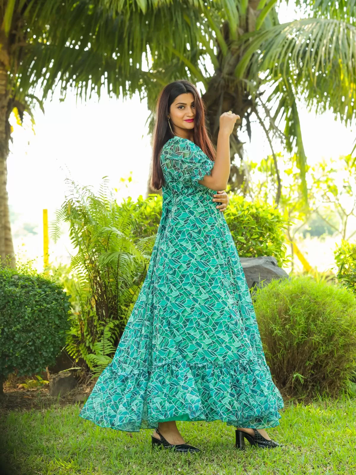 Odette Sea Green Georgette Stitched Printed Indo Western Dress For Women