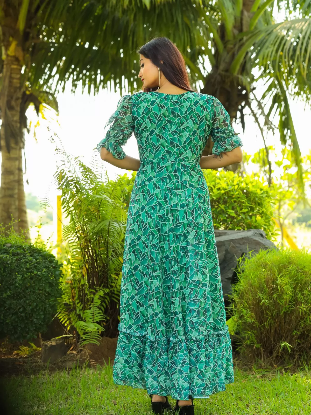 Odette Sea Green Georgette Stitched Printed Indo Western Dress For Women