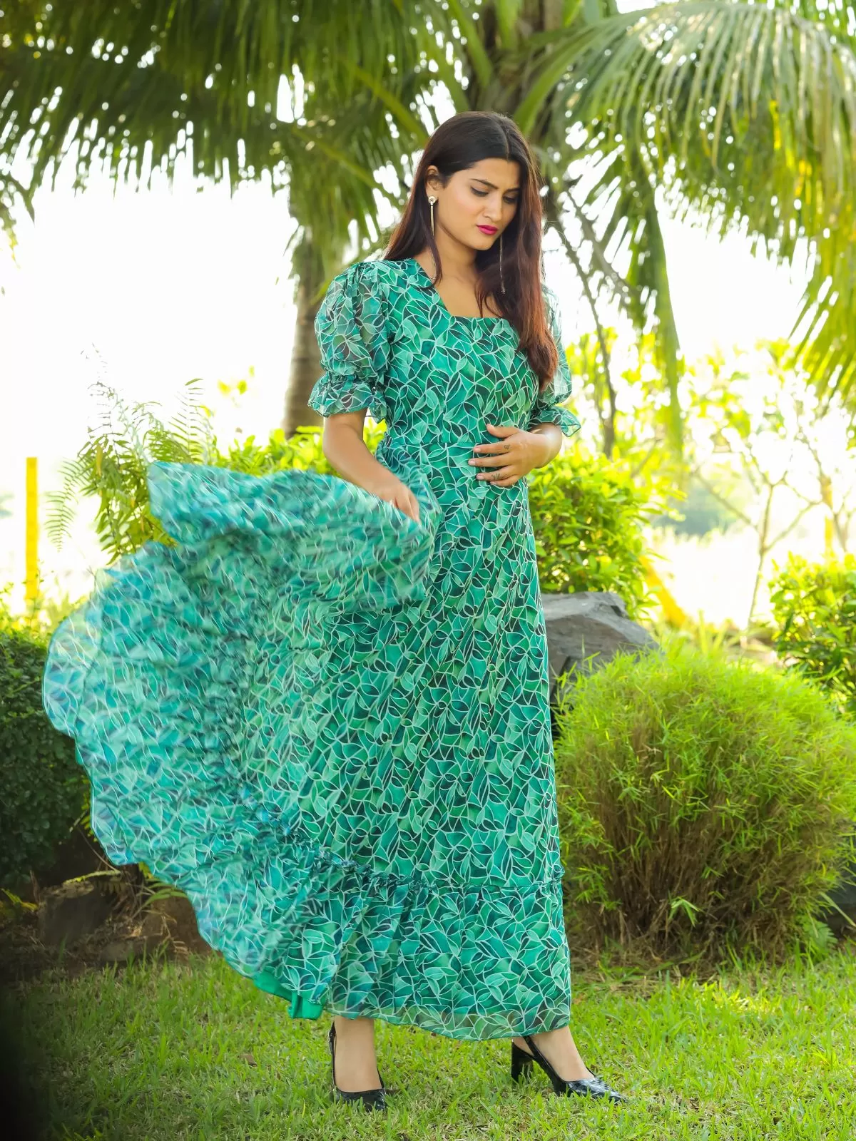 Odette Sea Green Georgette Stitched Printed Indo Western Dress For Women