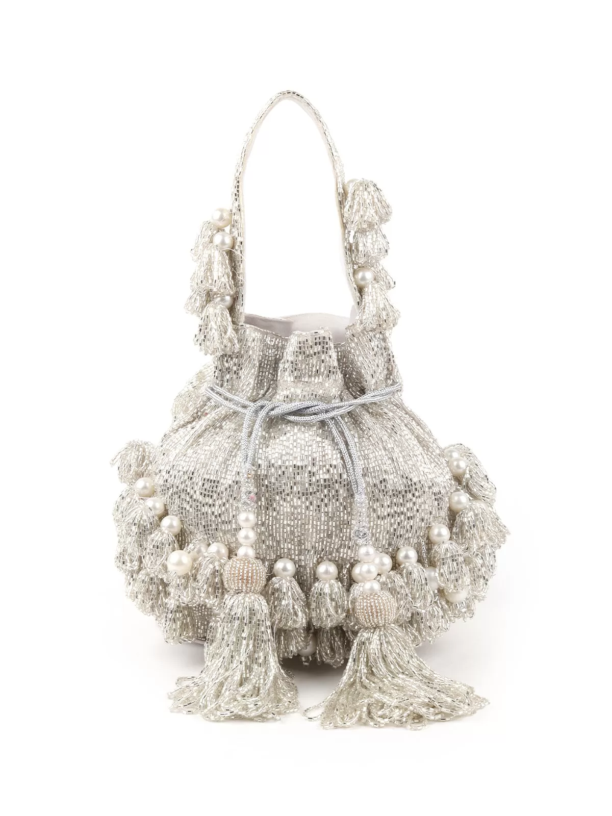 Odette Silver Embroidered Bridal Potli Bag For Women