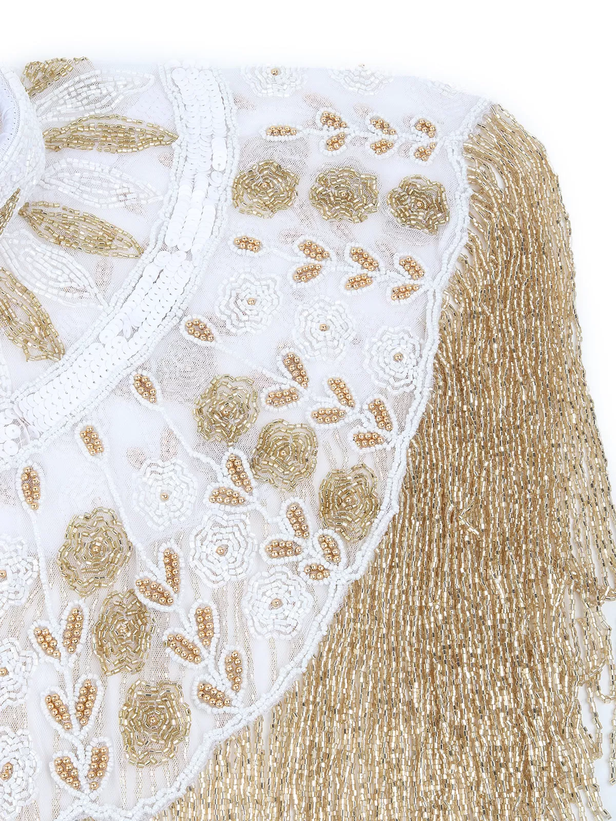 Odette White and Gold Beads Embellished Tassels Cape for Women