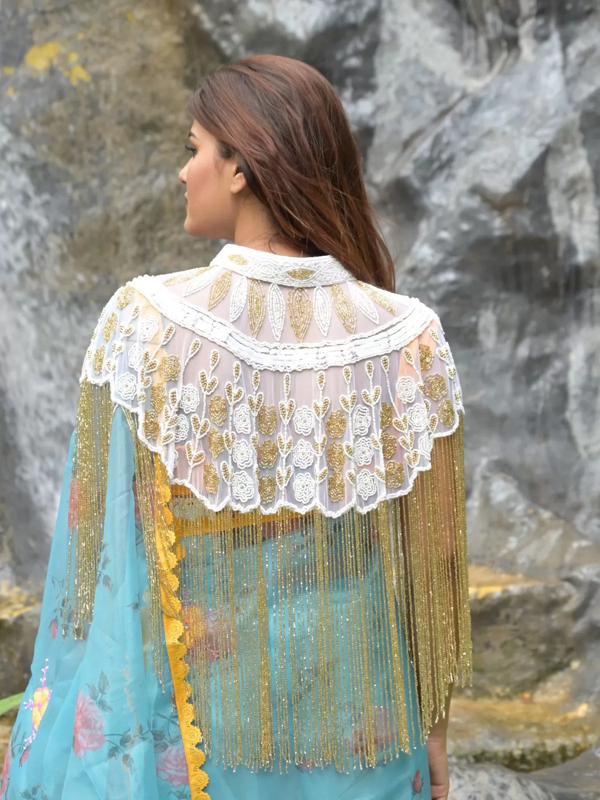 Odette White and Gold Beads Embellished Tassels Cape for Women