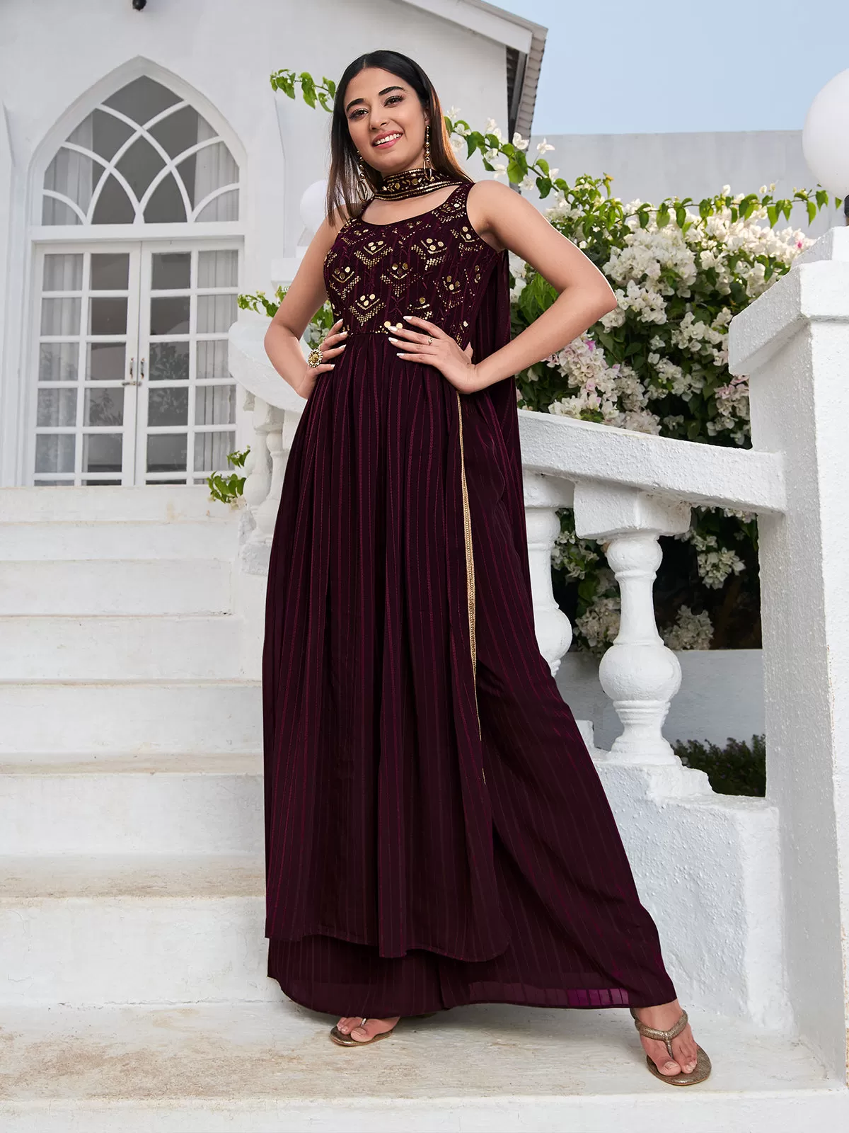 Odette Women Beautiful Embroidered Purple Georgette Semi Stitched Gown