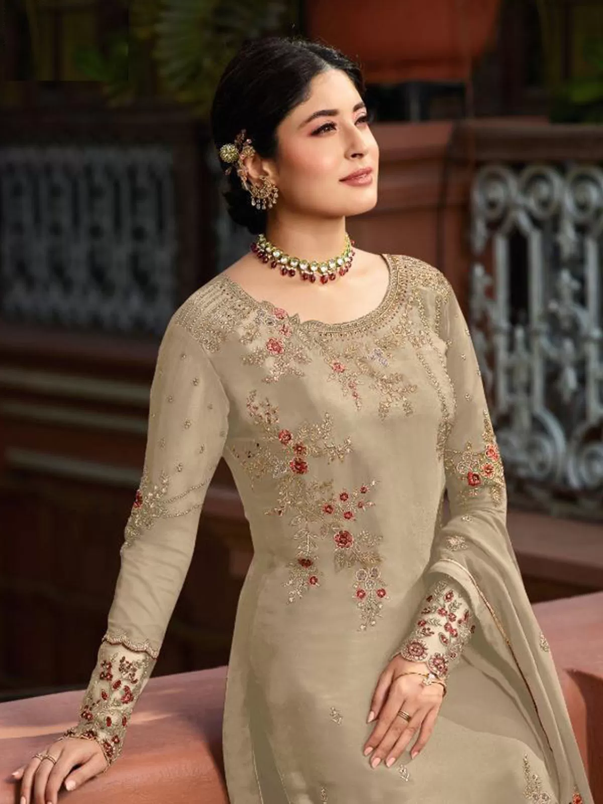 Odette Women Beige Color Georgette Straight Semi Stitched Salwar Kameez