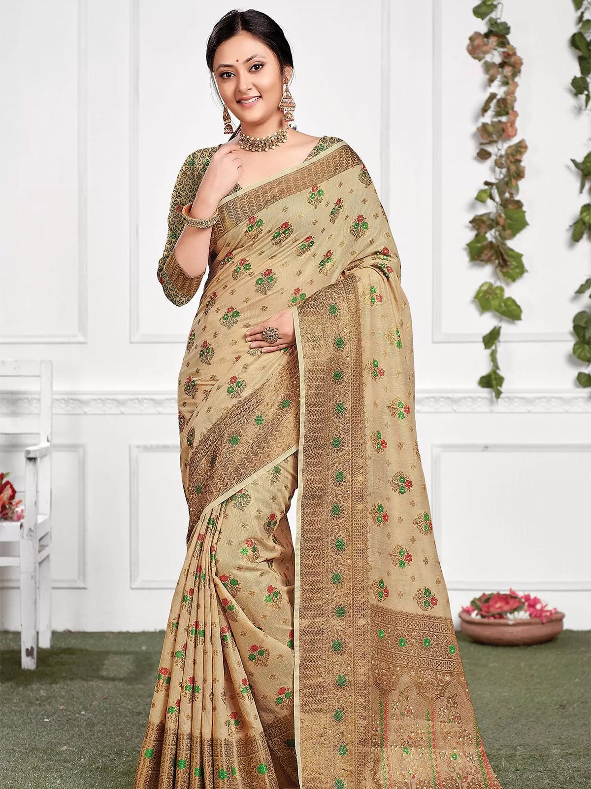 Odette Women Beige Cotton Heavy Jari Wevon Designer Stone Saree With Unstitched Blouse