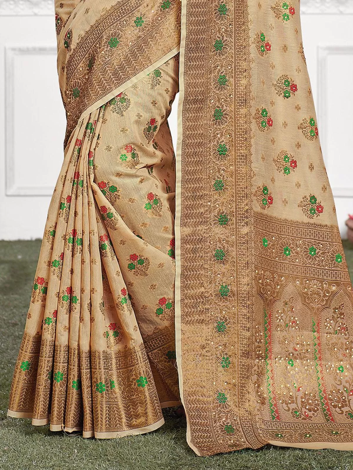 Odette Women Beige Cotton Heavy Jari Wevon Designer Stone Saree With Unstitched Blouse