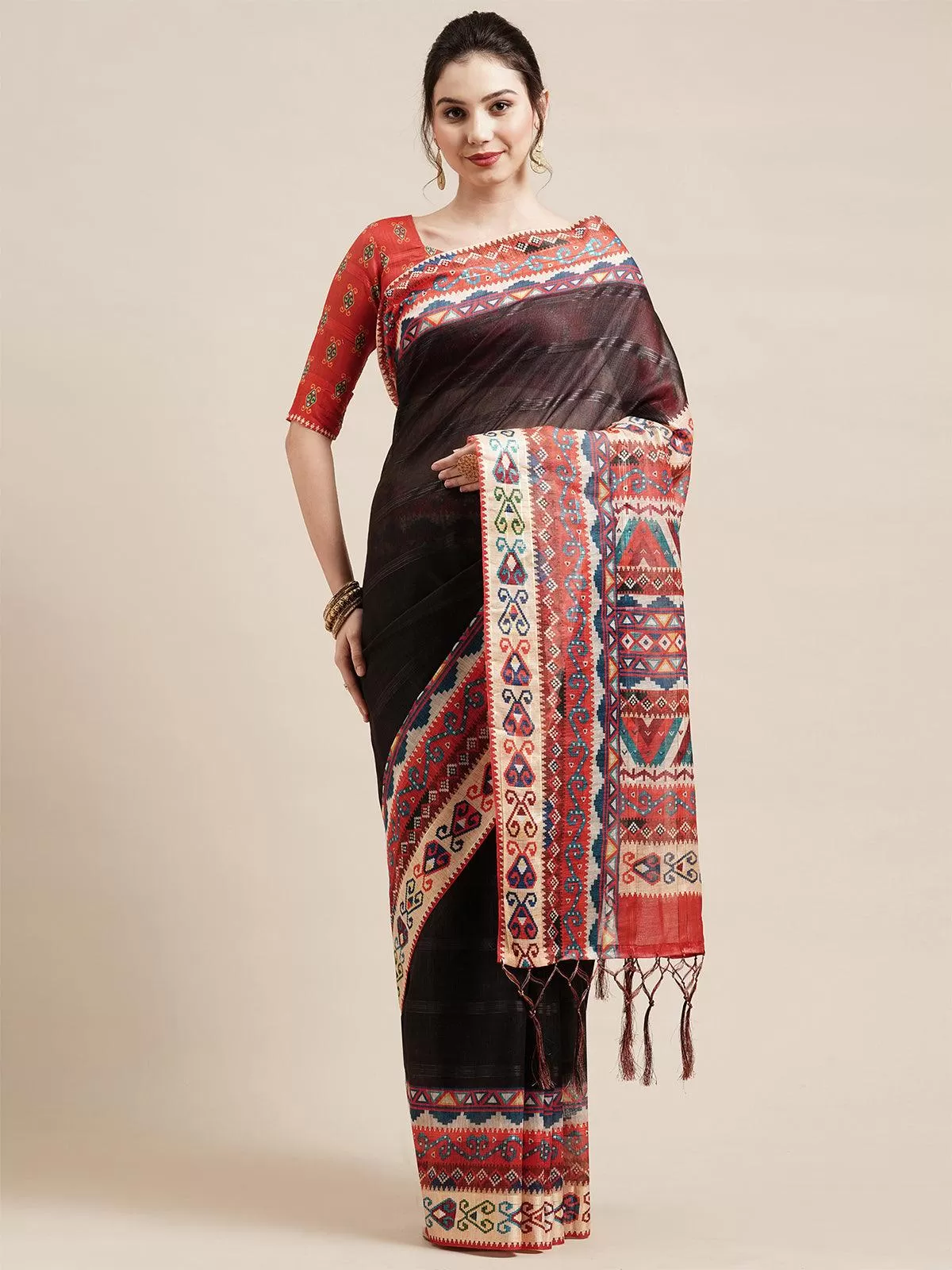 Odette Women Black Festive Linen Blend Printed Saree With Unstitched Blouse