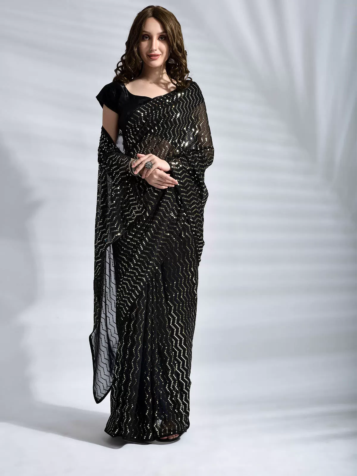 Odette Women Black Georgette Saree With Unstitched Blouse