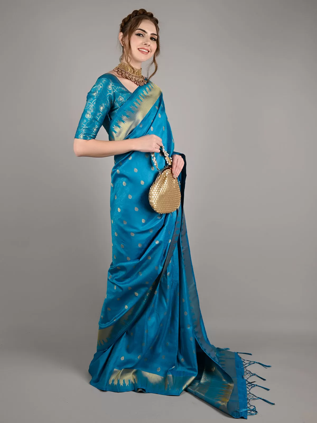 Odette Women Blue Silk Woven Saree With Unstitched Blouse