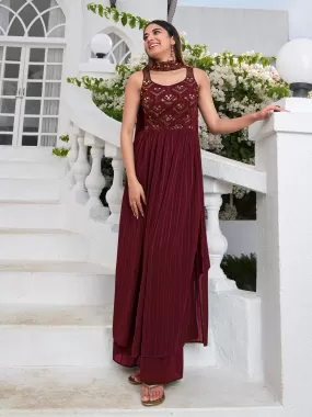 Odette Women Classic Embroidered Maroon Georgette Semi Stitched Gown