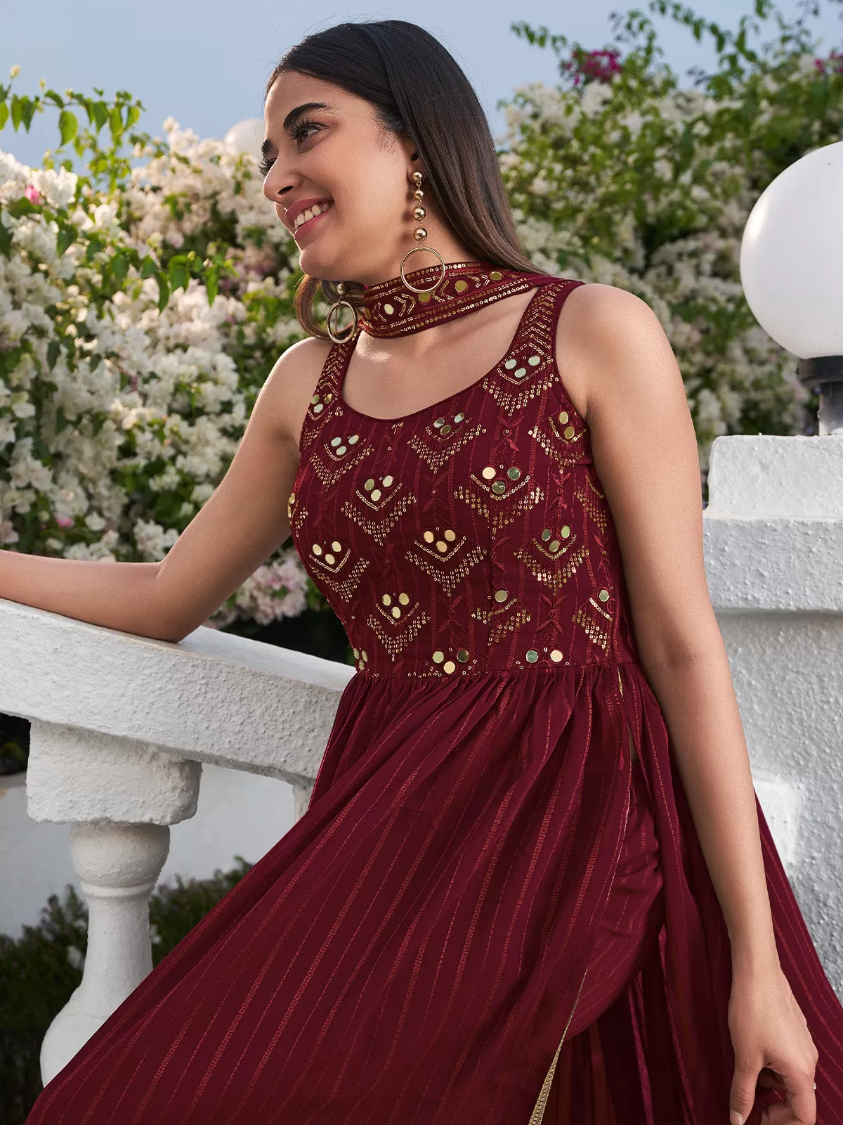 Odette Women Classic Embroidered Maroon Georgette Semi Stitched Gown