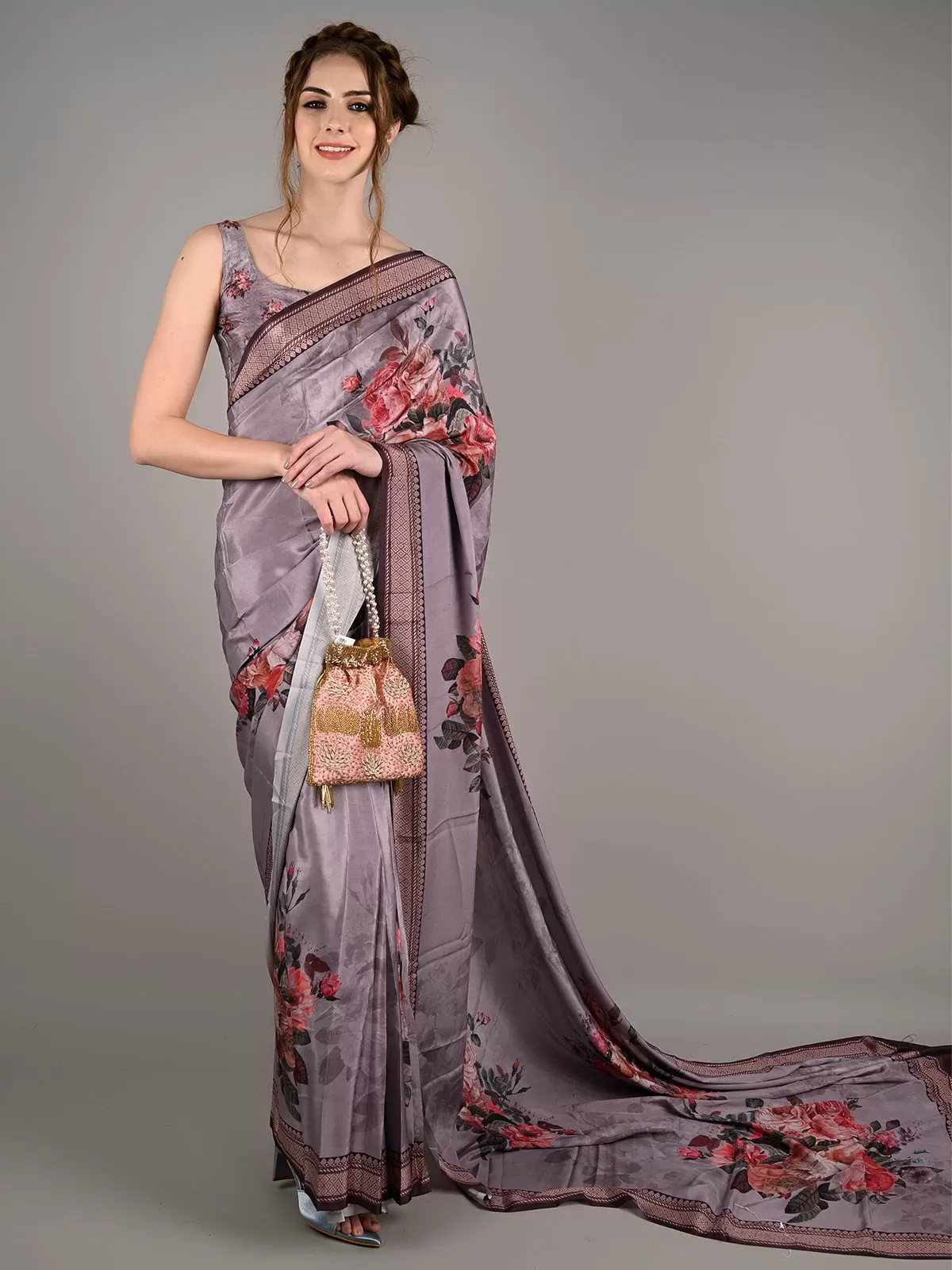 Odette Women Dark Grey Silk Crepe Floral Printed Saree With Unstitched Blouse