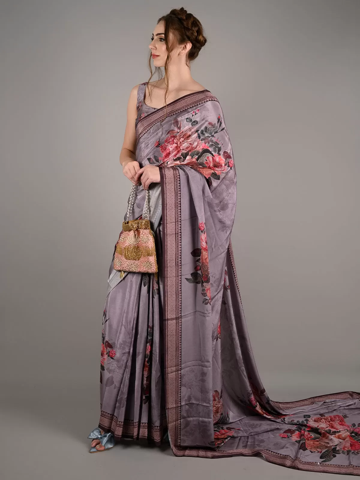 Odette Women Dark Grey Silk Crepe Floral Printed Saree With Unstitched Blouse