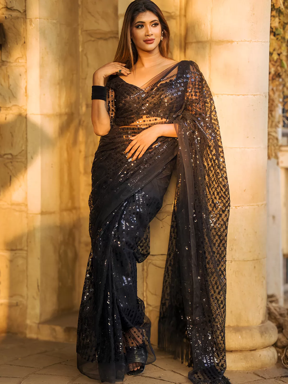 Odette Women Designer Black Sequins Saree With Unstitched Blouse