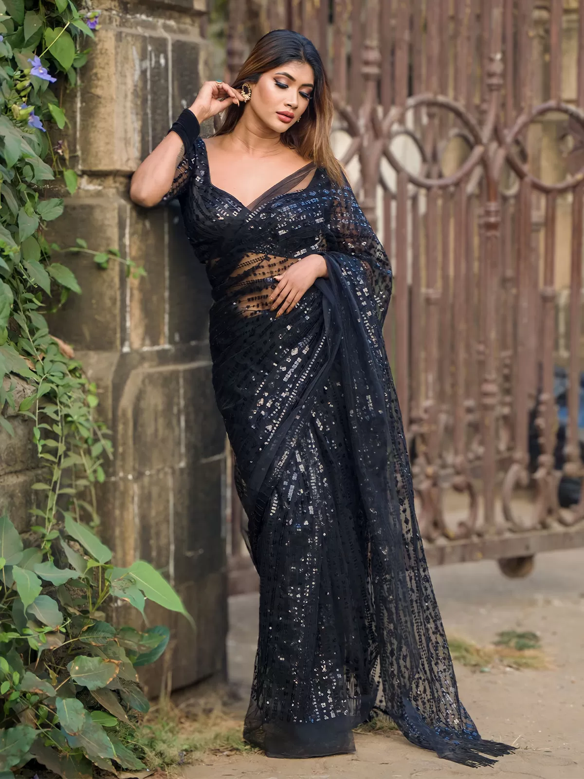 Odette Women Designer Black Sequins Saree With Unstitched Blouse