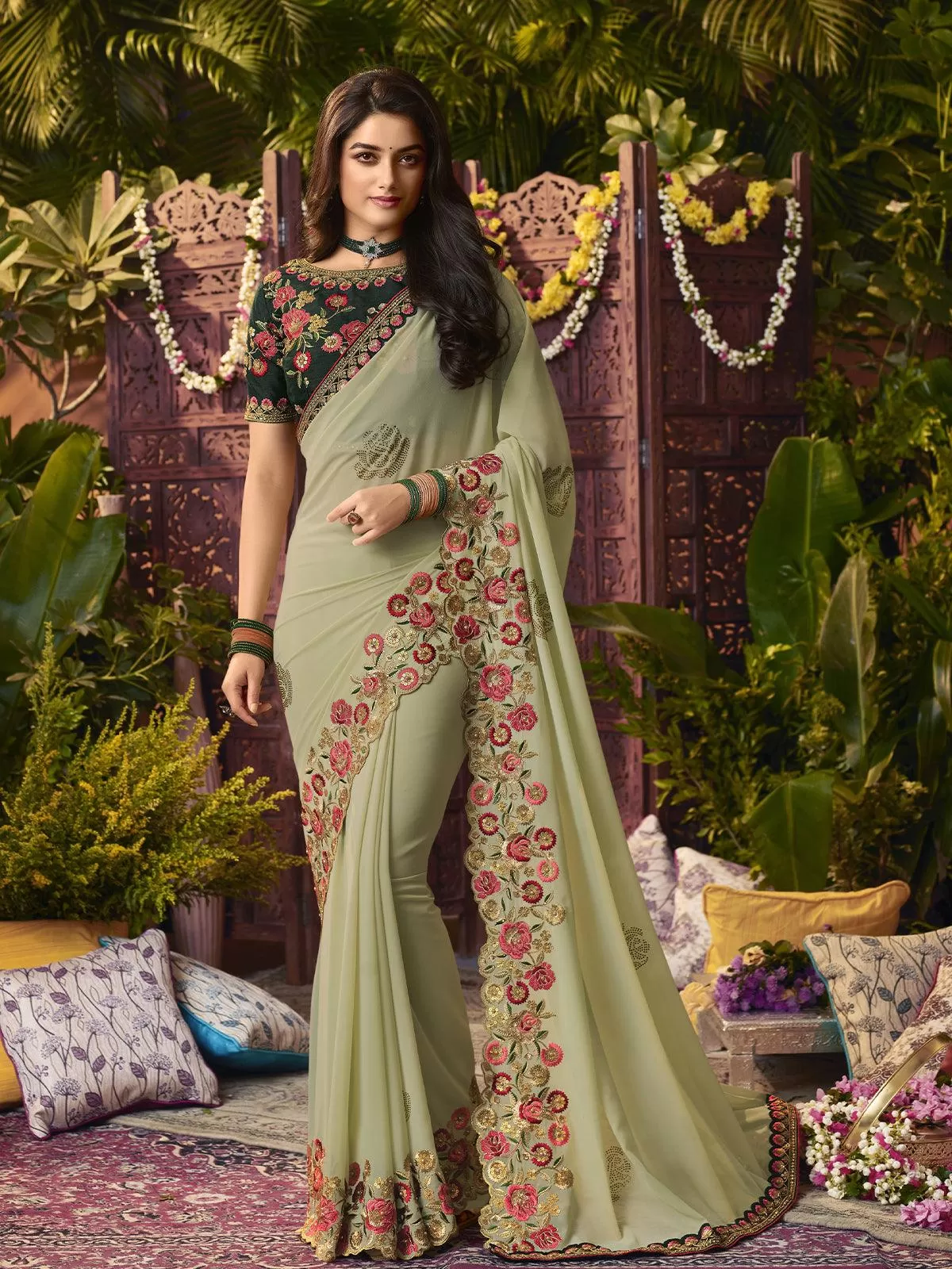 Odette Women Designer Dusty Pista Floral Embroidery Saree With Unstitched Blouse