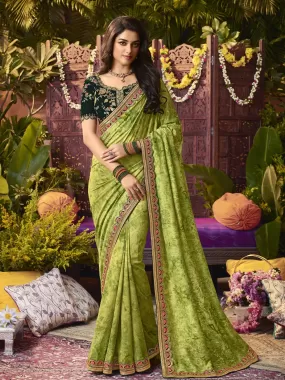 Odette Women Designer Green Printed Vichitra Silk Diamond Work Saree With Unstitched Blouse