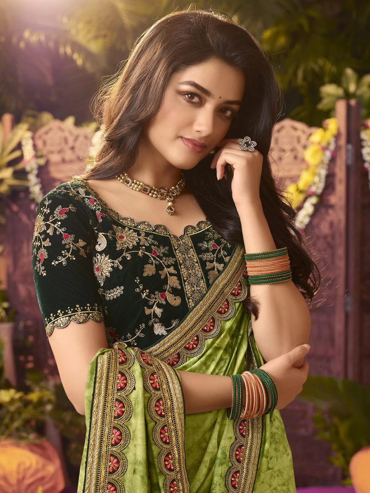 Odette Women Designer Green Printed Vichitra Silk Diamond Work Saree With Unstitched Blouse