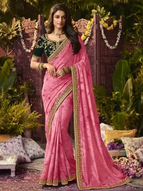 Odette Women Designer Pink Printed Vichitra Silk Diamond Work Saree With Unstitched Blouse