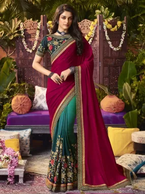 Odette Women Designer Purple And Pedding Green Half-Half Barfi Fabric Saree With Unstitched Blouse