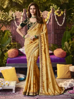 Odette Women Designer Yellow Printed Vichitra Silk Diamond Work Saree With Unstitched Blouse