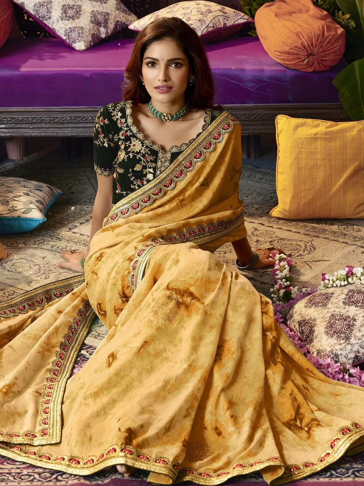 Odette Women Designer Yellow Printed Vichitra Silk Diamond Work Saree With Unstitched Blouse