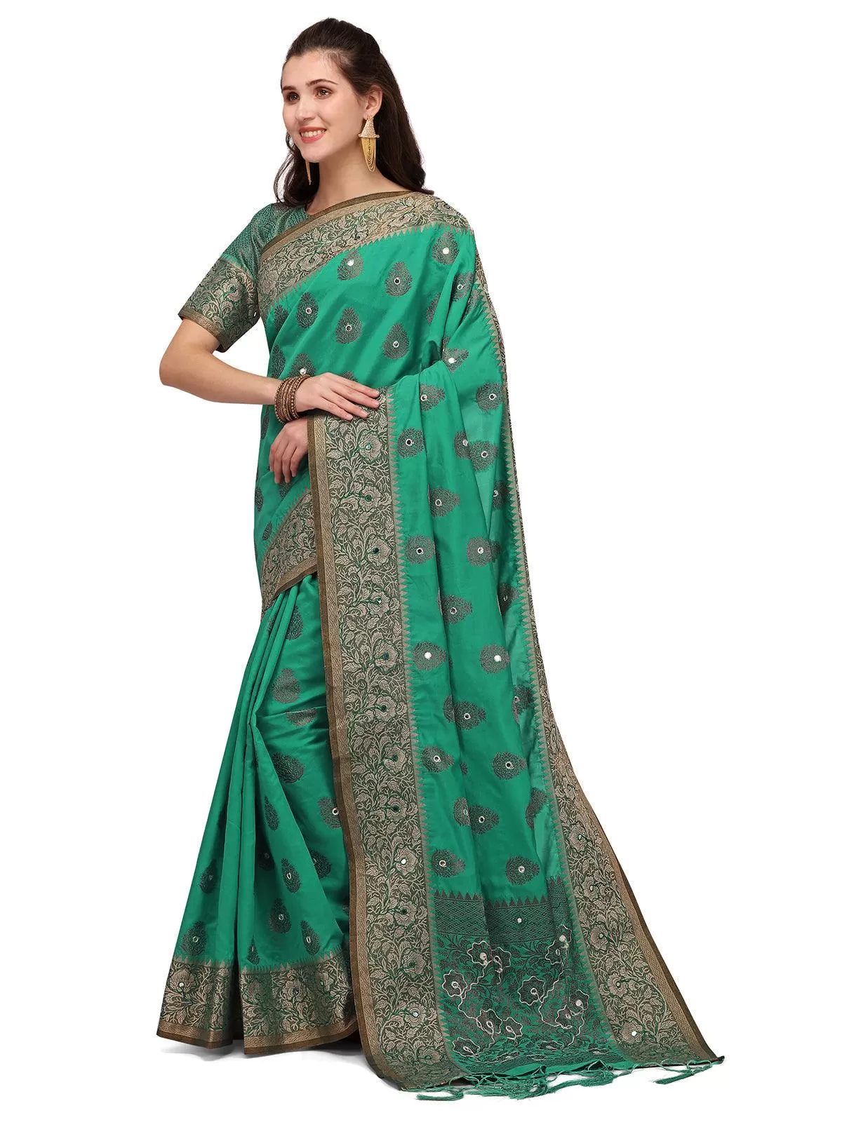 Odette Women Green Banarasi Silk Saree With Unstitched Blouse