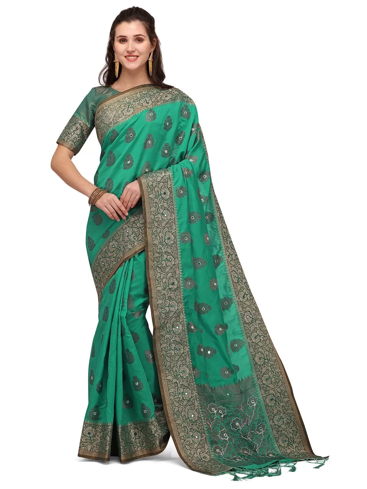 Odette Women Green Banarasi Silk Saree With Unstitched Blouse