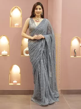 Odette Women Grey Designer Sequins Saree With Unstitched Blouse