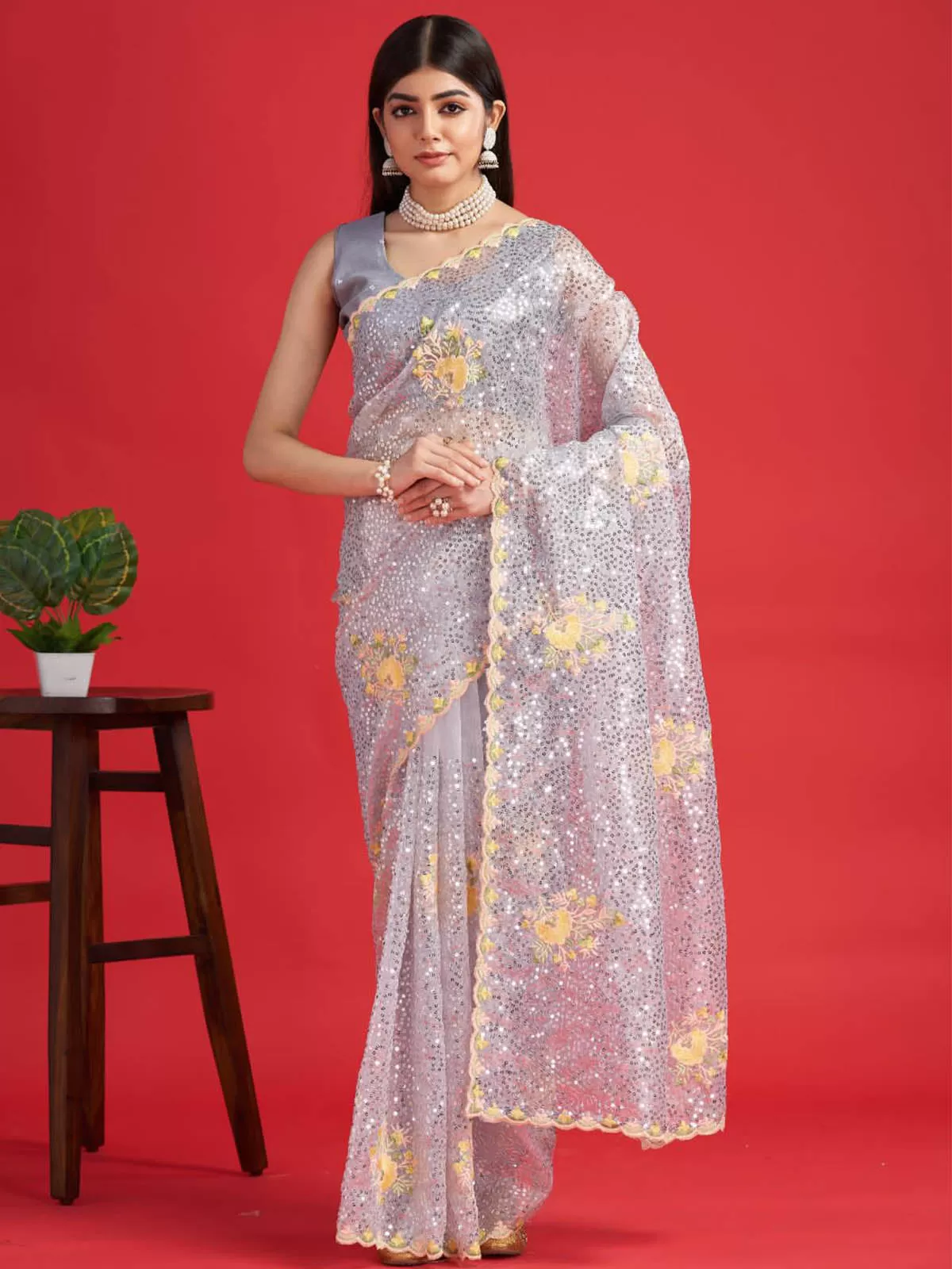 Odette Women Grey Organza Sequins Saree With Unstitched Blouse