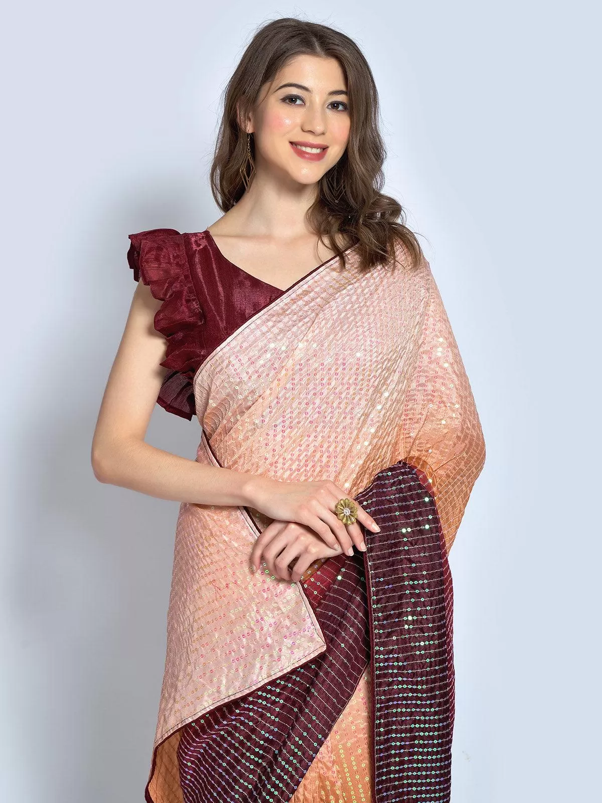 Odette Women Maroon Silk Blend Designer Embroidery Saree With Unstitched Blouse