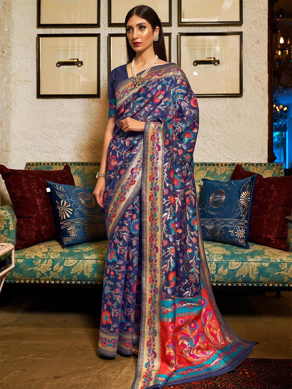 Odette Women Modal Dark Blue Floral Woven Saree With Blouse Piece