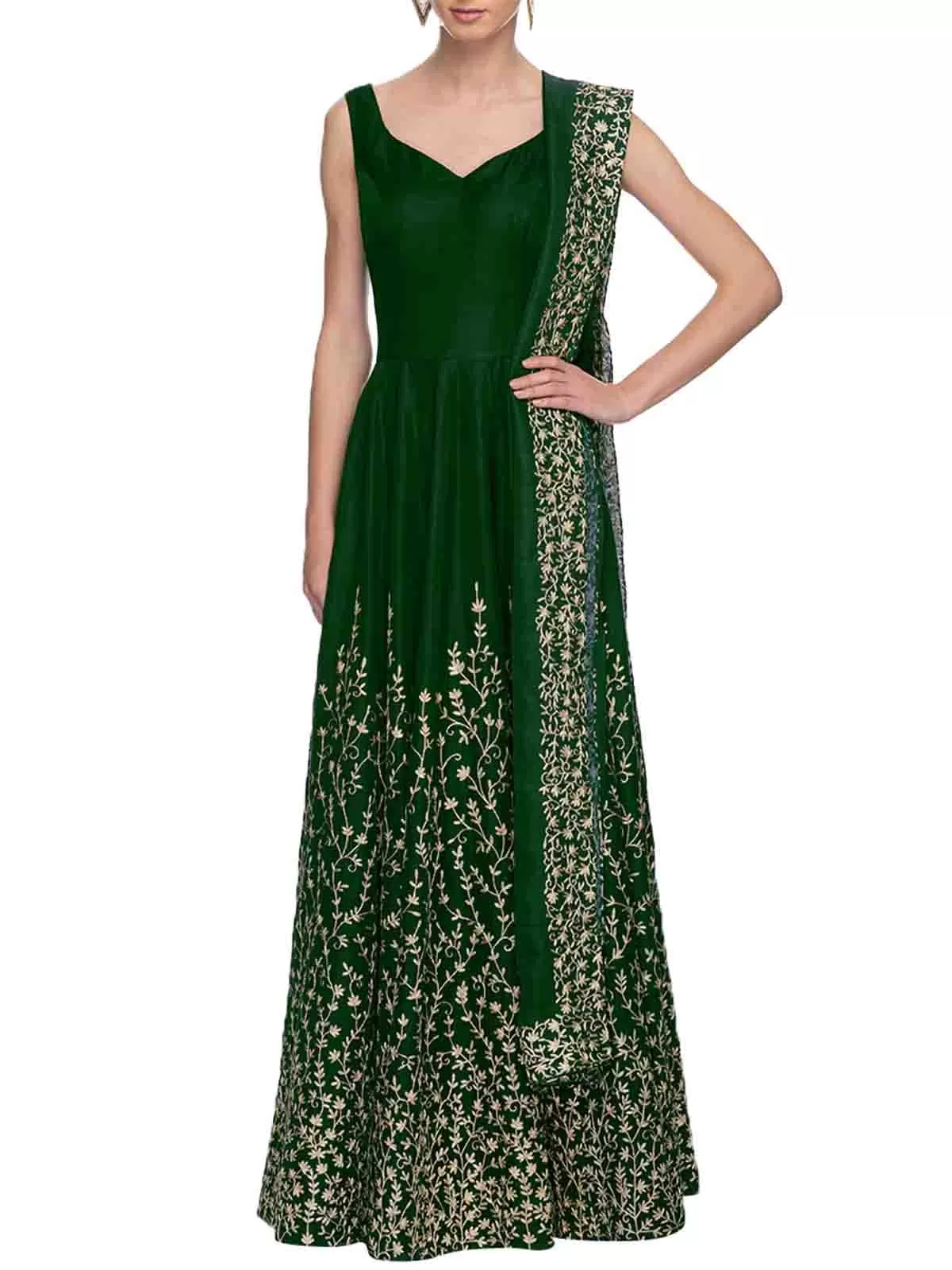 Odette Women Modern Green Semi Stitched Gown