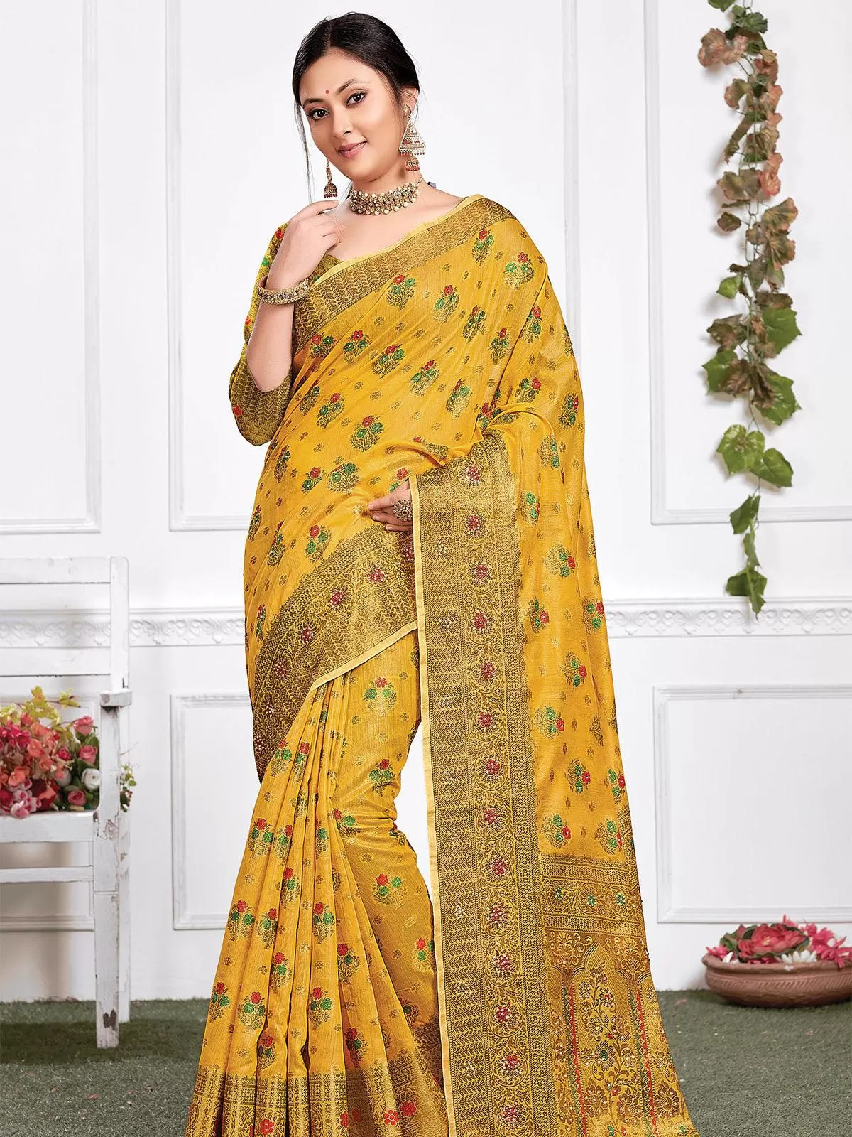 Odette Women Mustard Cotton Heavy Jari Wevon Designer Stone Saree With Unstitched Blouse