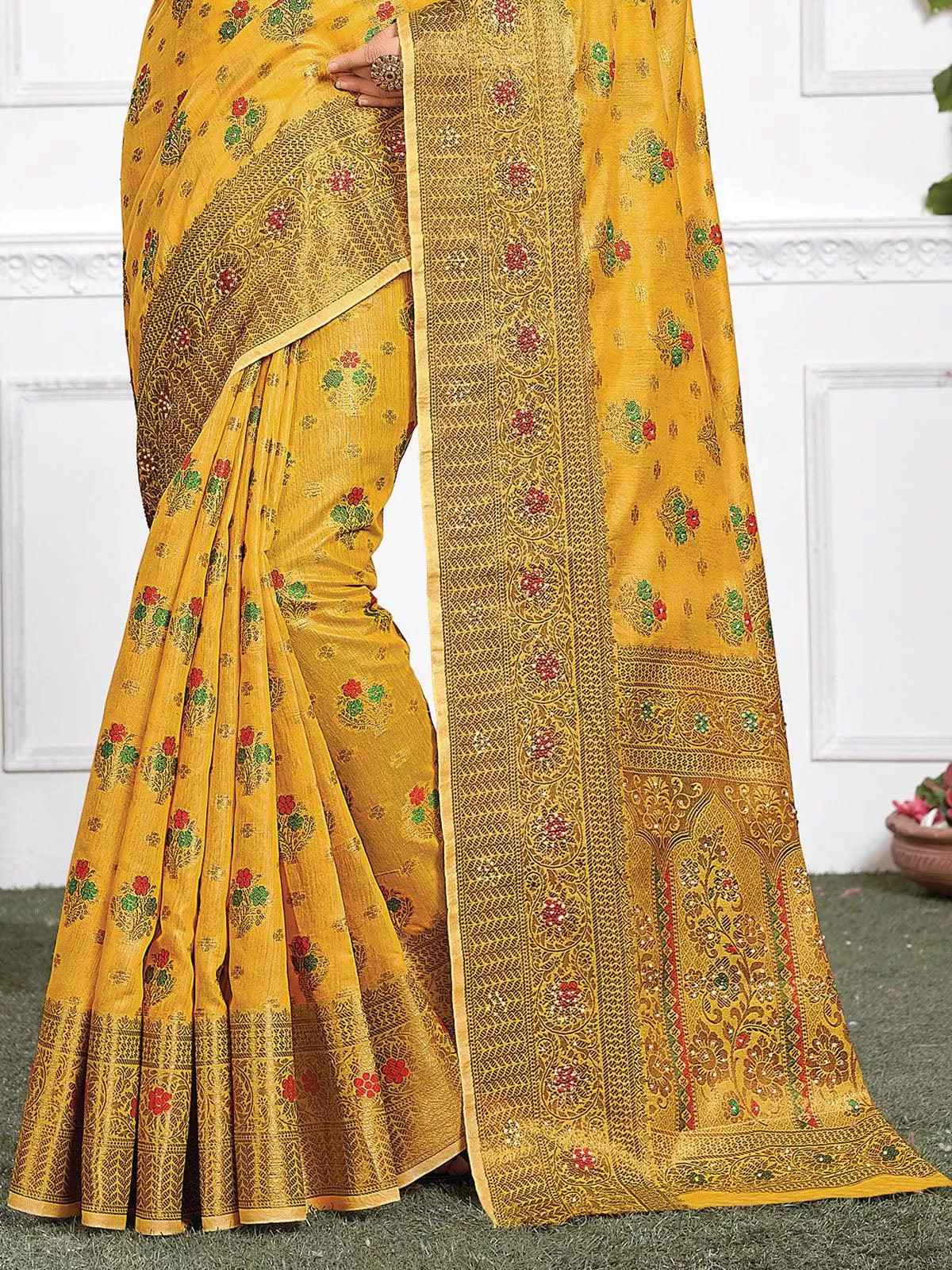 Odette Women Mustard Cotton Heavy Jari Wevon Designer Stone Saree With Unstitched Blouse