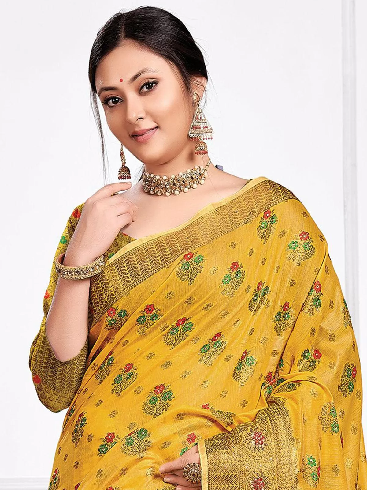 Odette Women Mustard Cotton Heavy Jari Wevon Designer Stone Saree With Unstitched Blouse