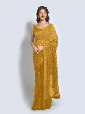 Odette Women Mustard Designer Sequins Saree With Unstitched Blouse