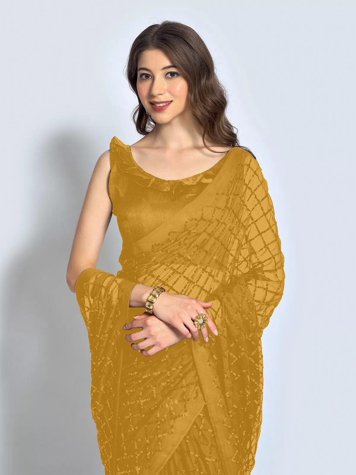 Odette Women Mustard Designer Sequins Saree With Unstitched Blouse