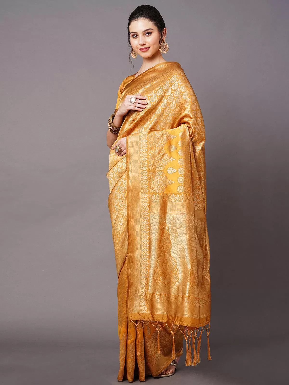 Odette Women Mustard Festive Silk Blend Woven Design Saree With Unstitched Blouse