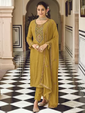 Odette Women Mustard Sequence Embroidered Georgette Salwar Semi Stitched Suit