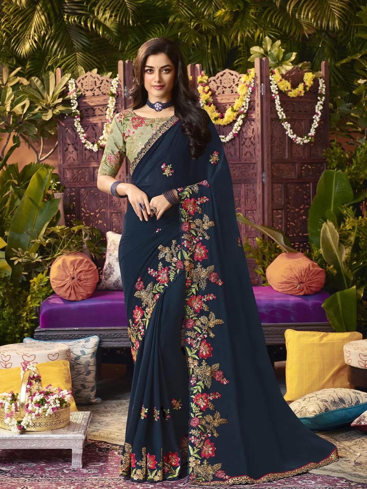 Odette Women Navy Blue Georgette Embroidered Saree With Unstitched Blouse