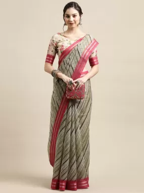 Odette Women Olive Green Festive Linen Blend Printed Saree With Unstitched Blouse