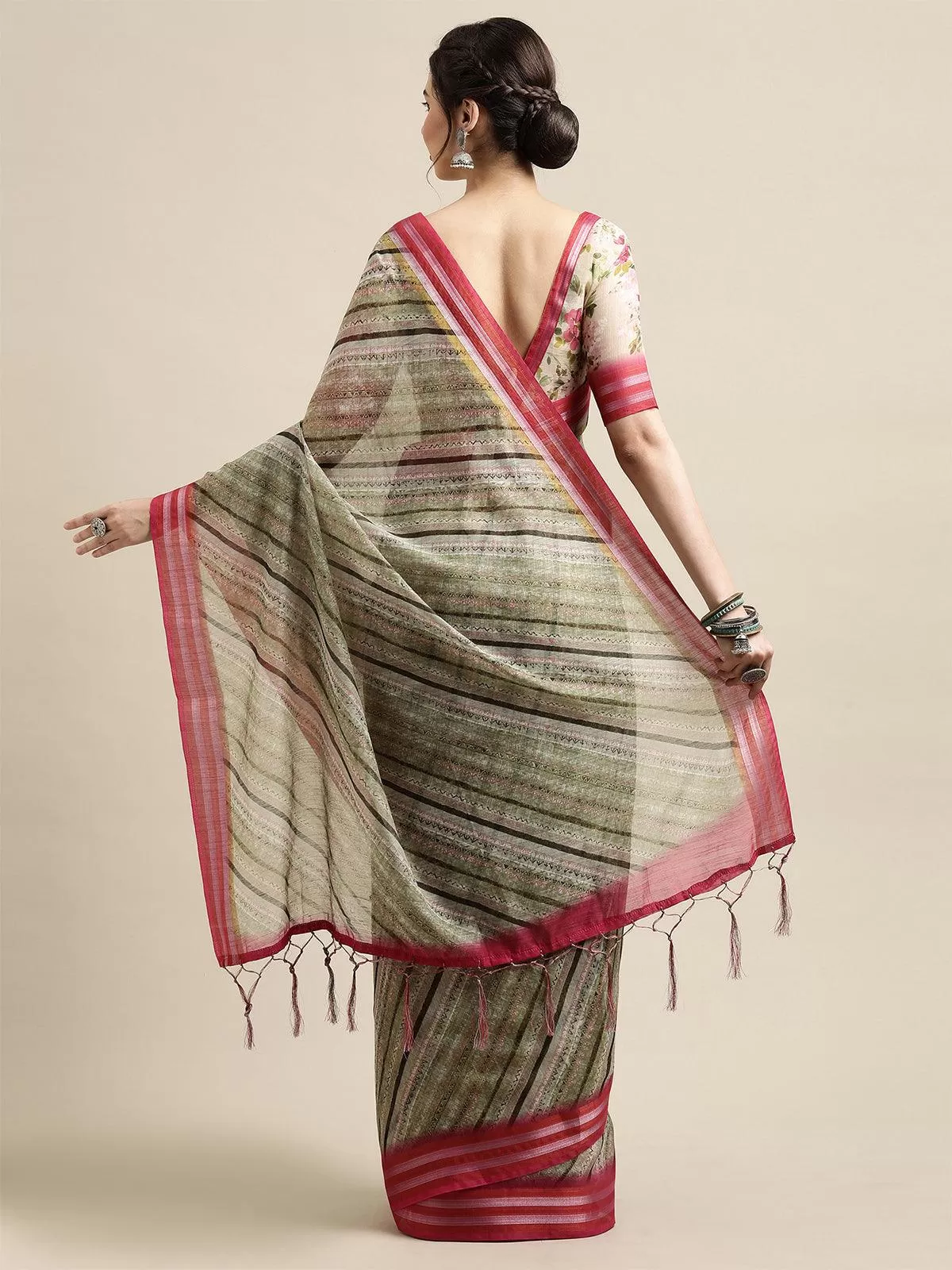 Odette Women Olive Green Festive Linen Blend Printed Saree With Unstitched Blouse