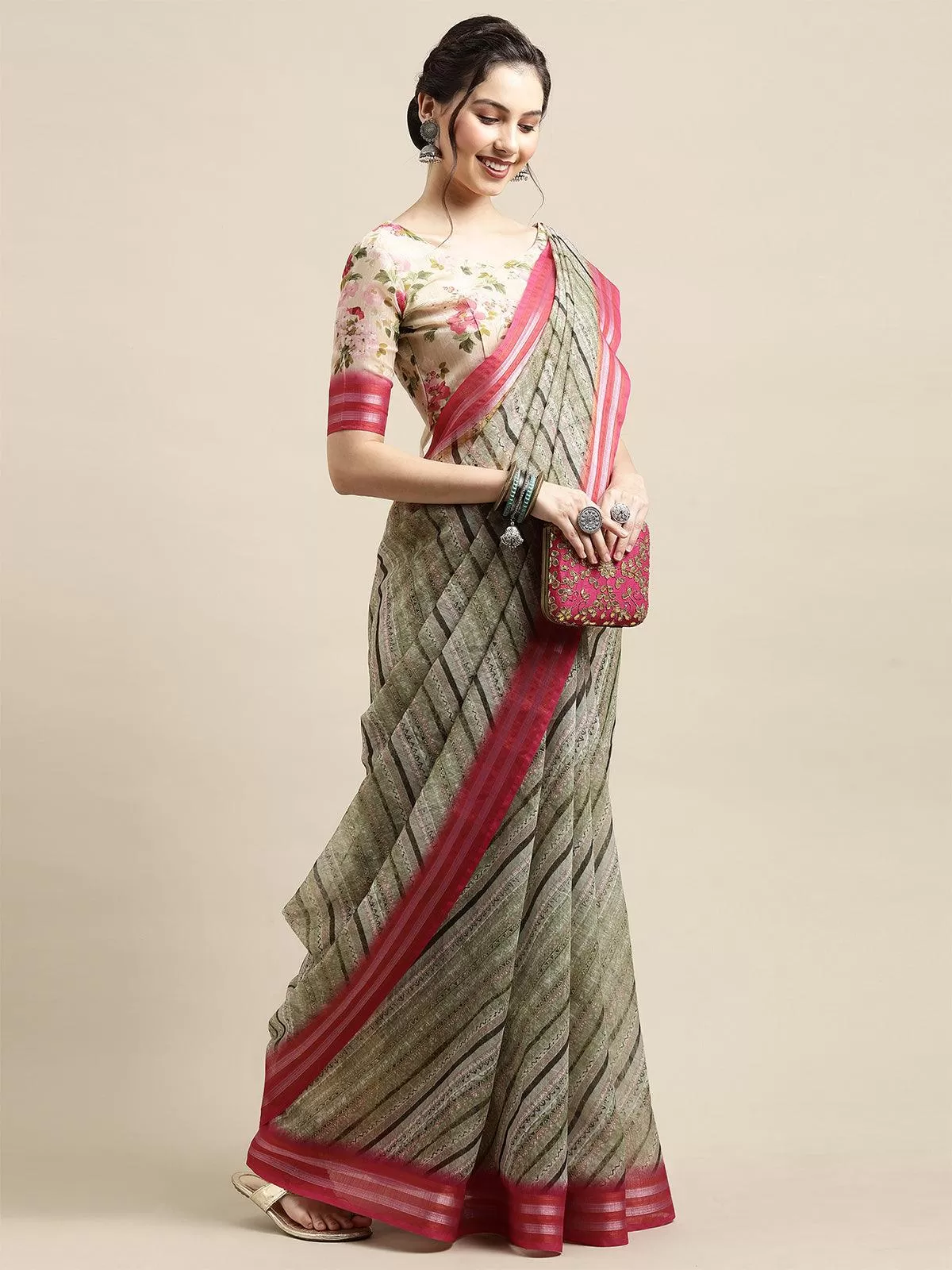 Odette Women Olive Green Festive Linen Blend Printed Saree With Unstitched Blouse