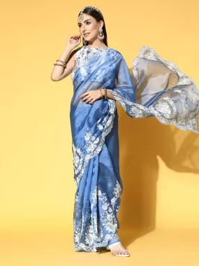 Odette Women Organza Blue Embroidered Designer Saree With Blouse Piece